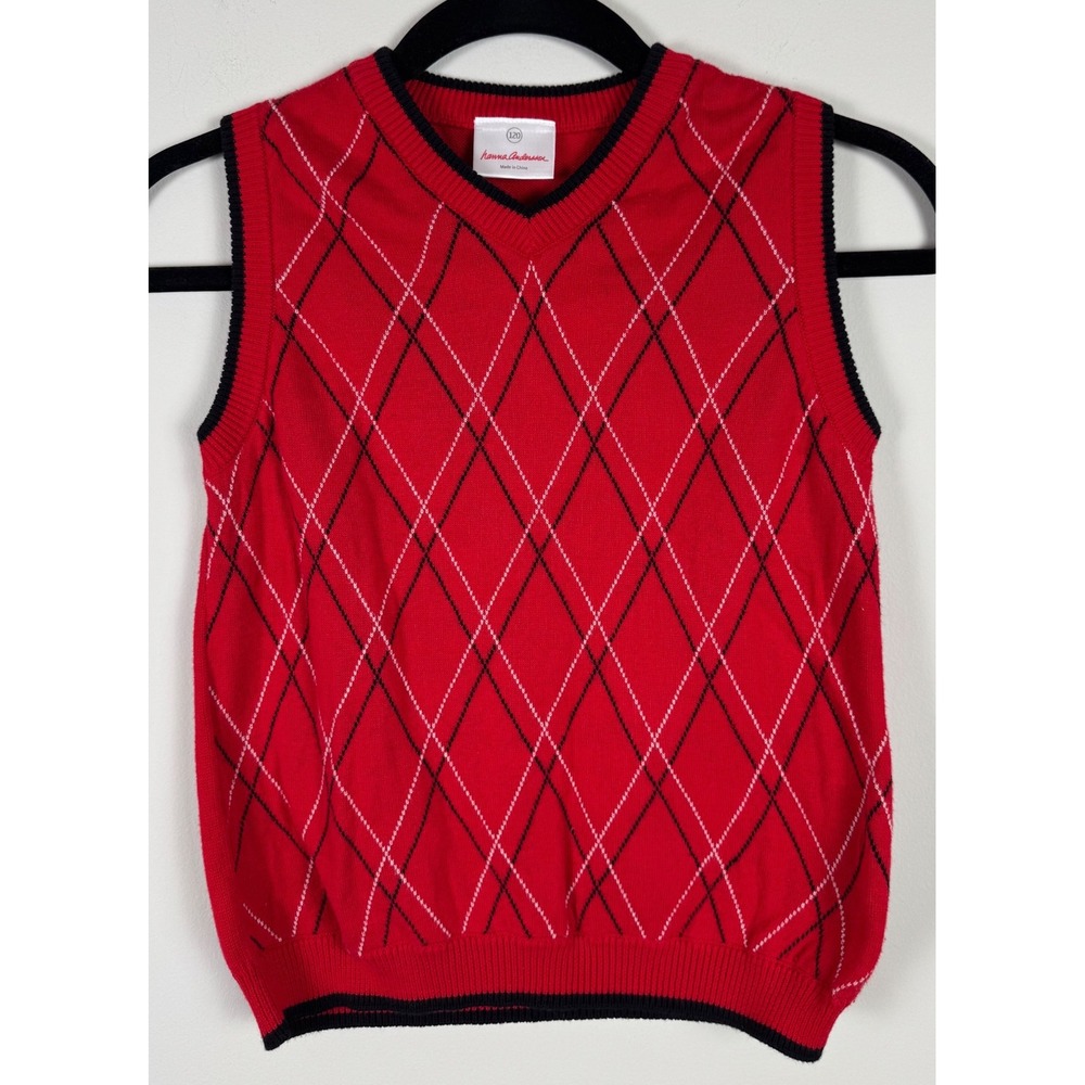 Hanna Andersson Kids Red Argyle Cotton Knit Sweater Vest V-Neck‎ Size 120 US 6-7